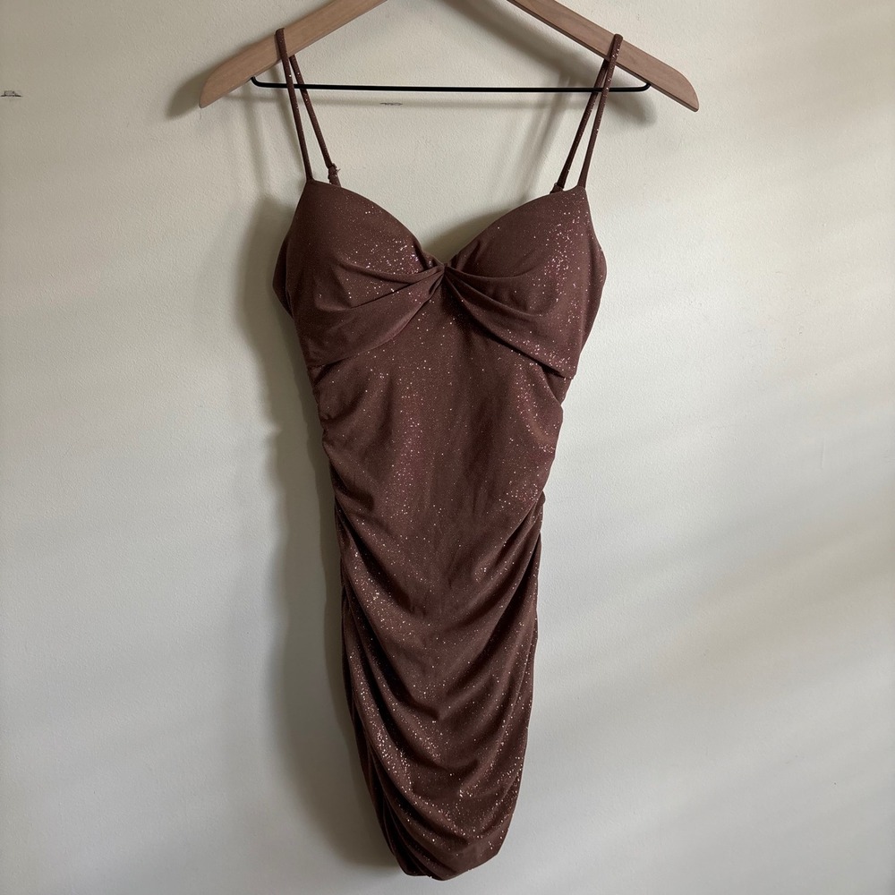 Lovely Day Brown Glitter Ruched Bodycon Mini Dress Sweetheart Knot Front Small